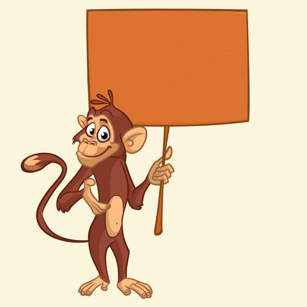 schattig tekenfilm chempanzee Holding blanco houten teken. vector illustratie van een grappig aap met leeg hout bord