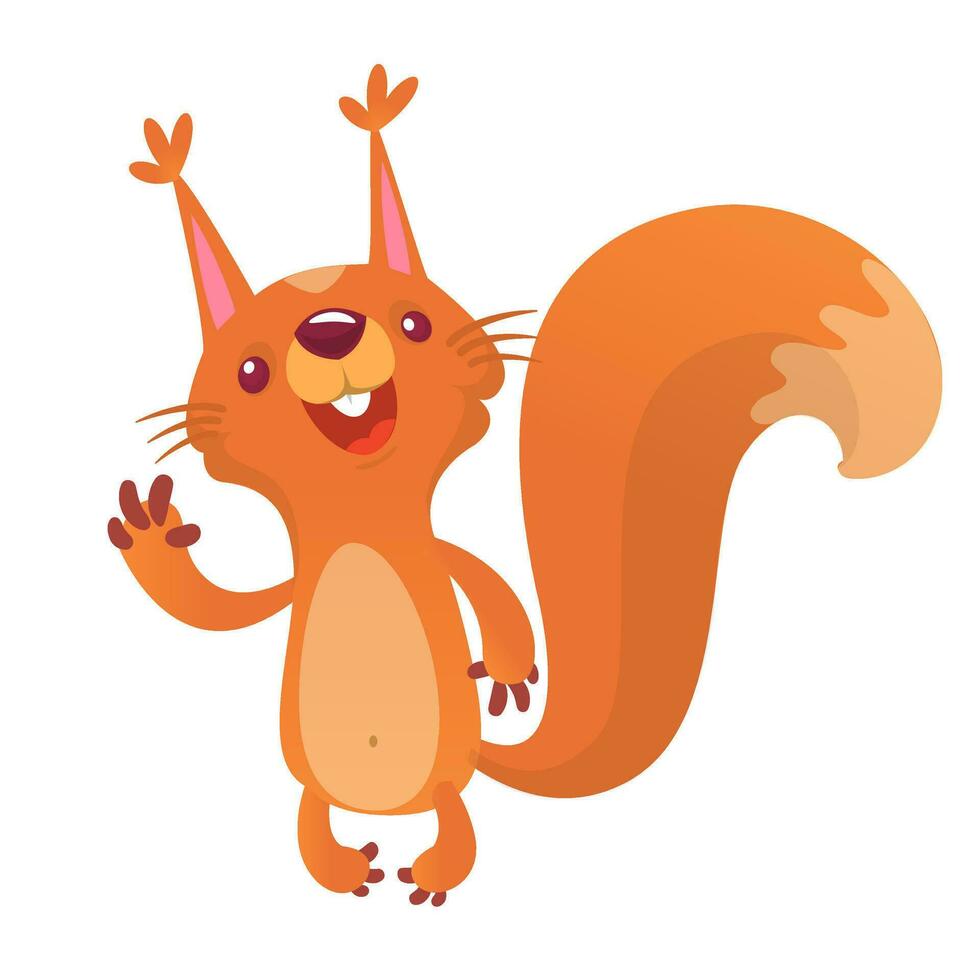 schattig tekenfilm eekhoorn presenteren en golvend hand. vector illustratie