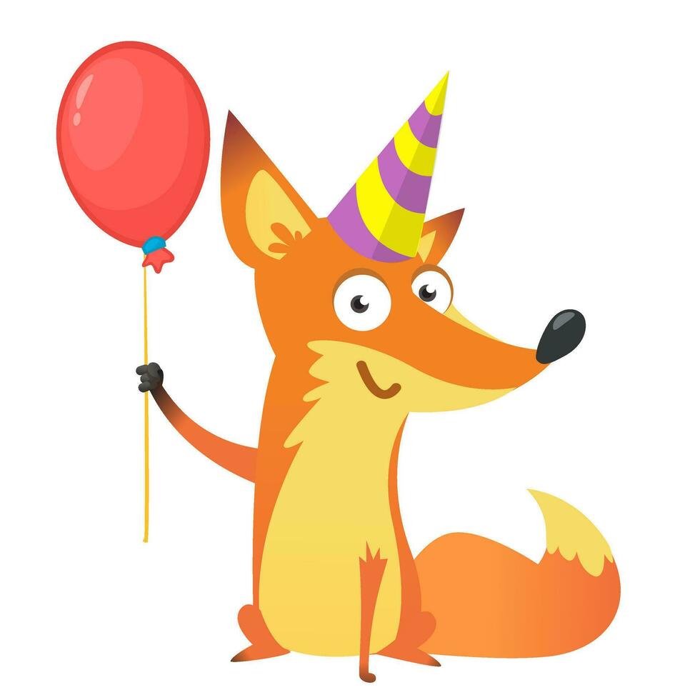 grappig tekenfilm vos Holding rood ballon en verjaardag partij hoed vector