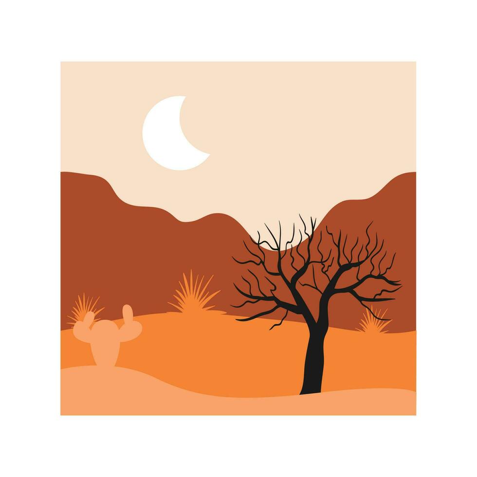 vector illustratie van zonsondergang woestijn landschap. wild western Texas woestijn zonsondergang met bergen en cactus in vlak tekenfilm stijl.