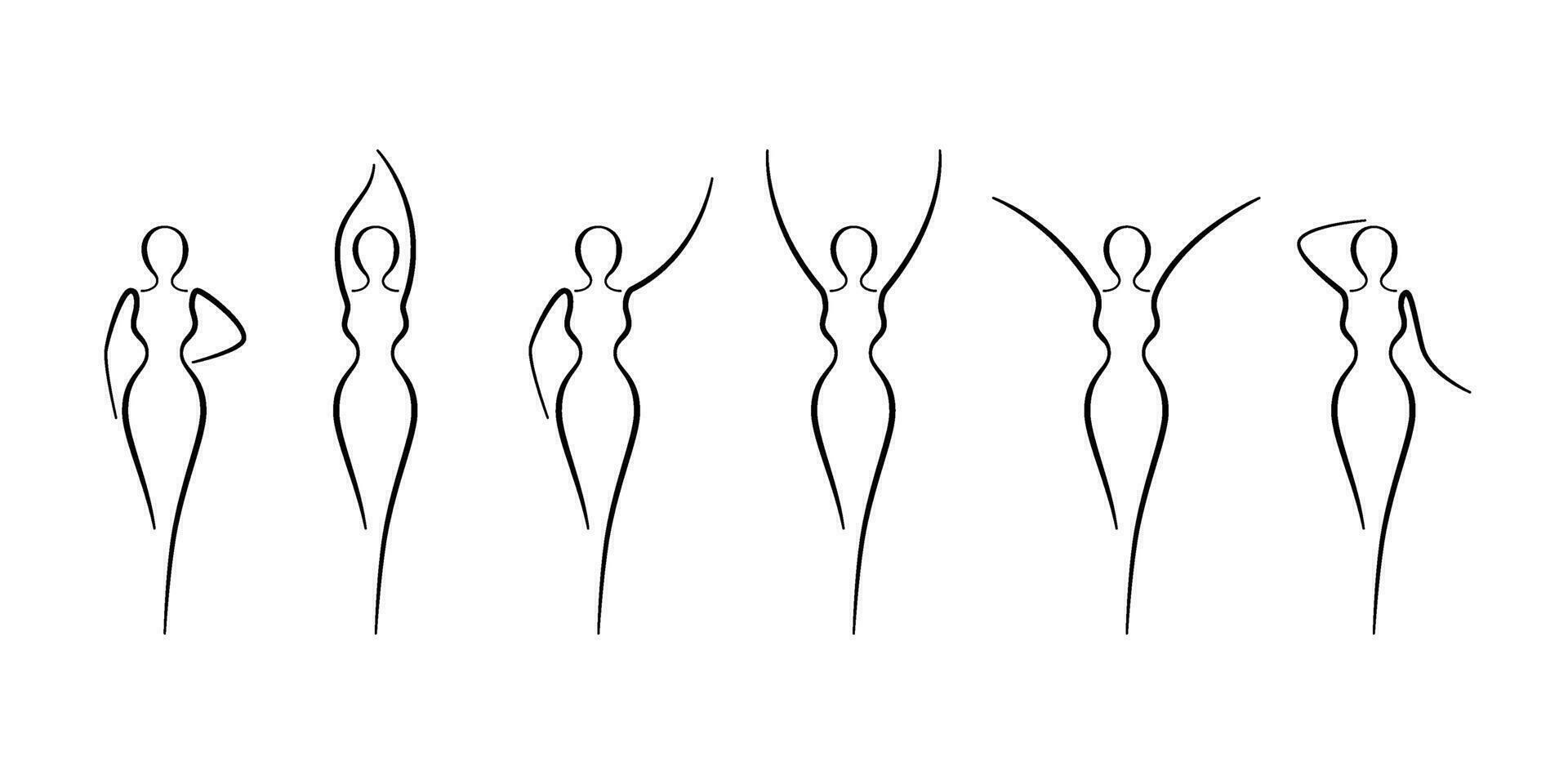 vrouw lichaam schetsen, lijn kunst pictogrammen set. divers vrouw houding schets silhouetten, model, figuur. abstract teken van meisje voor welzijn centrum, sport, dans, schoonheid salon en spa. vector illustratie