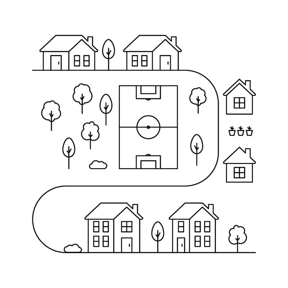 huizen met Speel veld- in dorp of stadsgezicht, lijn kunst. landschap en woon- gebouw. buitenkant huis in land landschap. vector schets illustratie