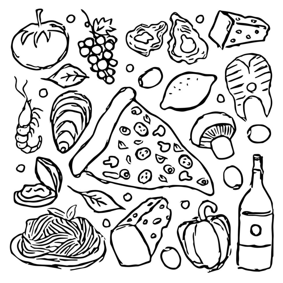 Italiaans voedsel pictogrammen. getrokken voedsel achtergrond vector