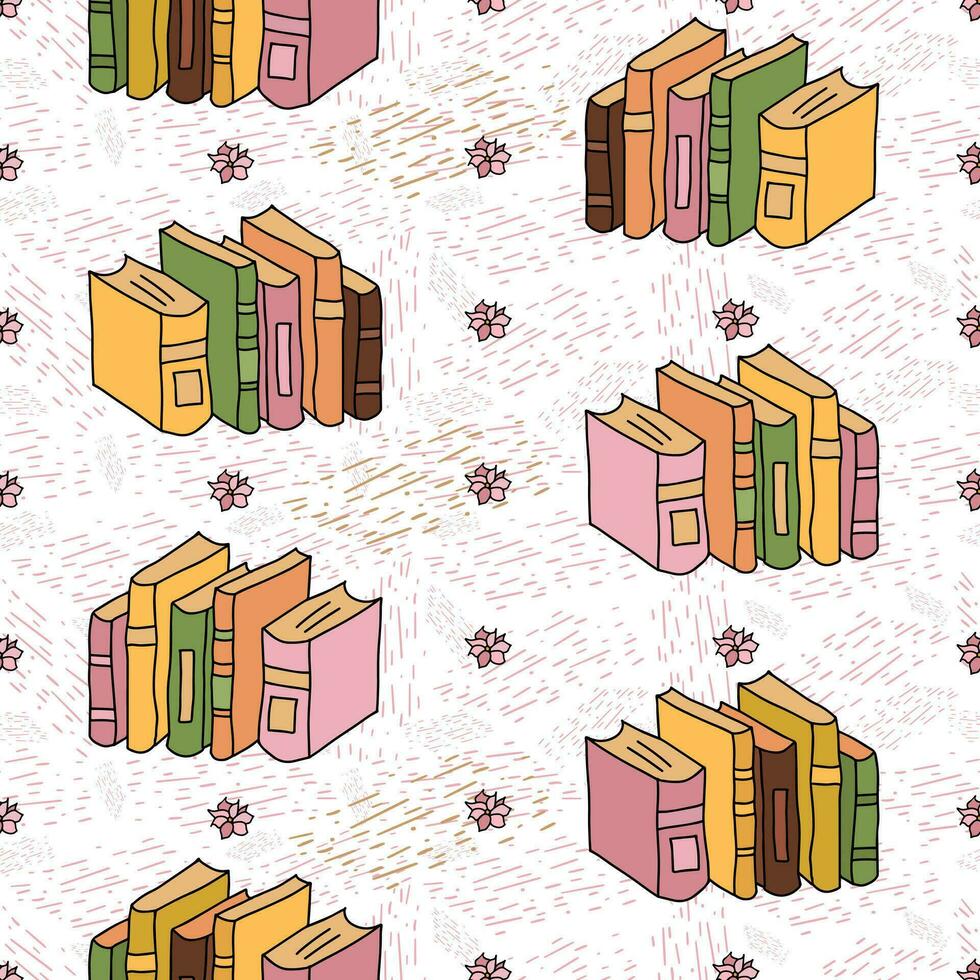 kleurrijk naadloos patroon met hand- getrokken tekening elementen - rijen van schattig boeken, bloemen, knus texturen Aan wit achtergrond vector