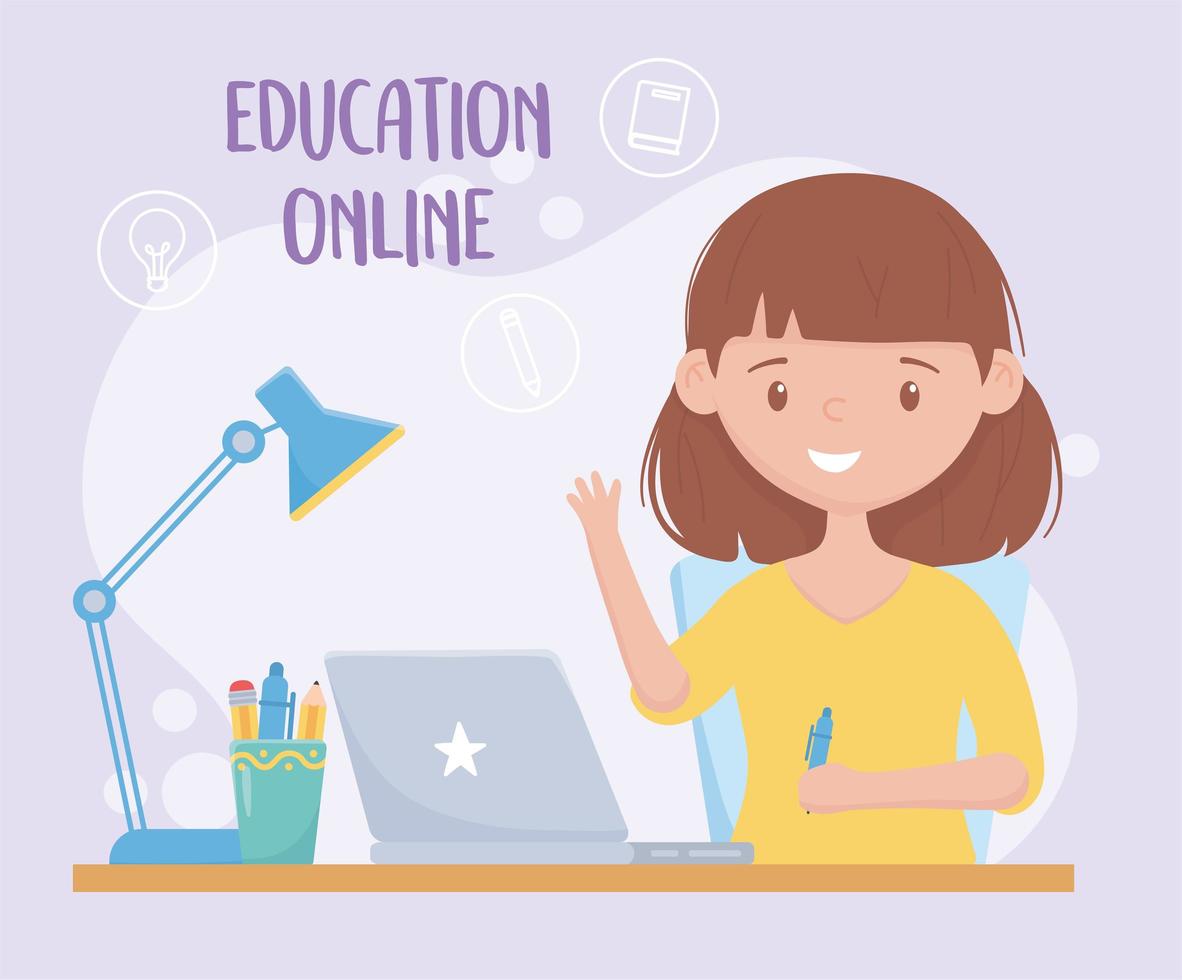 onderwijs online student meisje met pen laptop en kantoorbenodigdheden vector