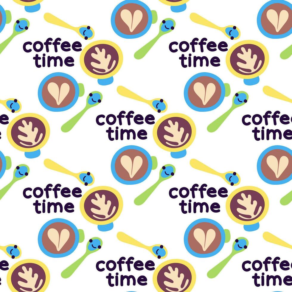 de patroon in de koffie tijd thema is een schattig grappig tekenfilm illustratie met koffie cups met een lepel en schuim patronen Aan een wit achtergrond. tekenfilm illustratie voor het drukken Aan textiel en papier vector