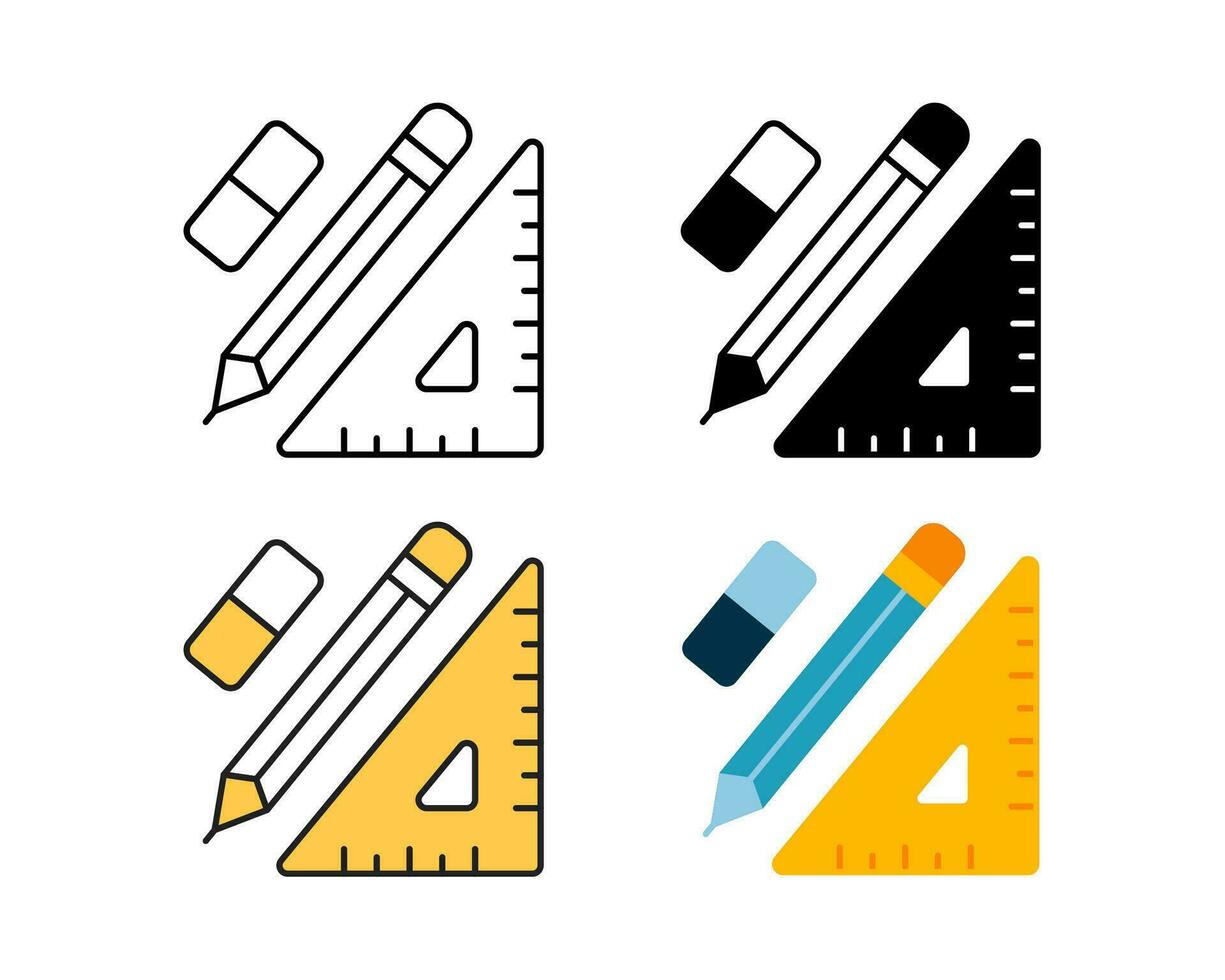 schrijfbehoeften gereedschap icoon vector ontwerp in 4 stijl lijn, glyph, duotoon, en vlak.