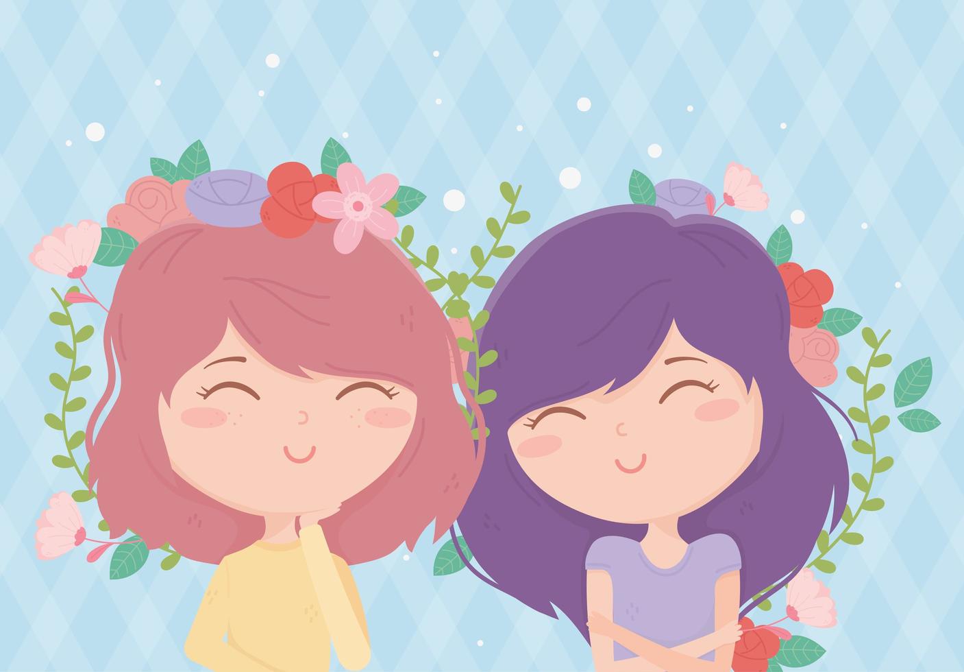 gelukkige vrouwen bloemen in haar ornament decoratie cartoon vector