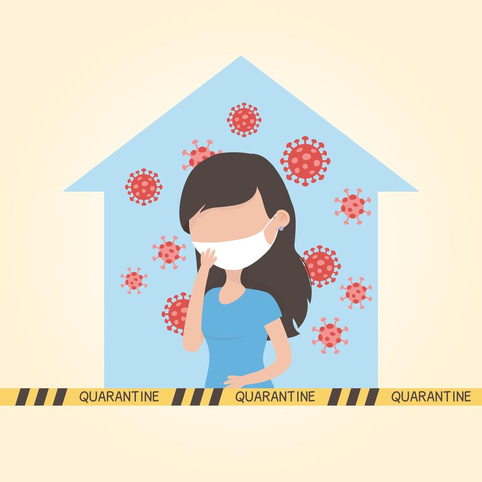 virus covid 19 quarantaine, vrouw met masker in huis coronavirus symbool vector