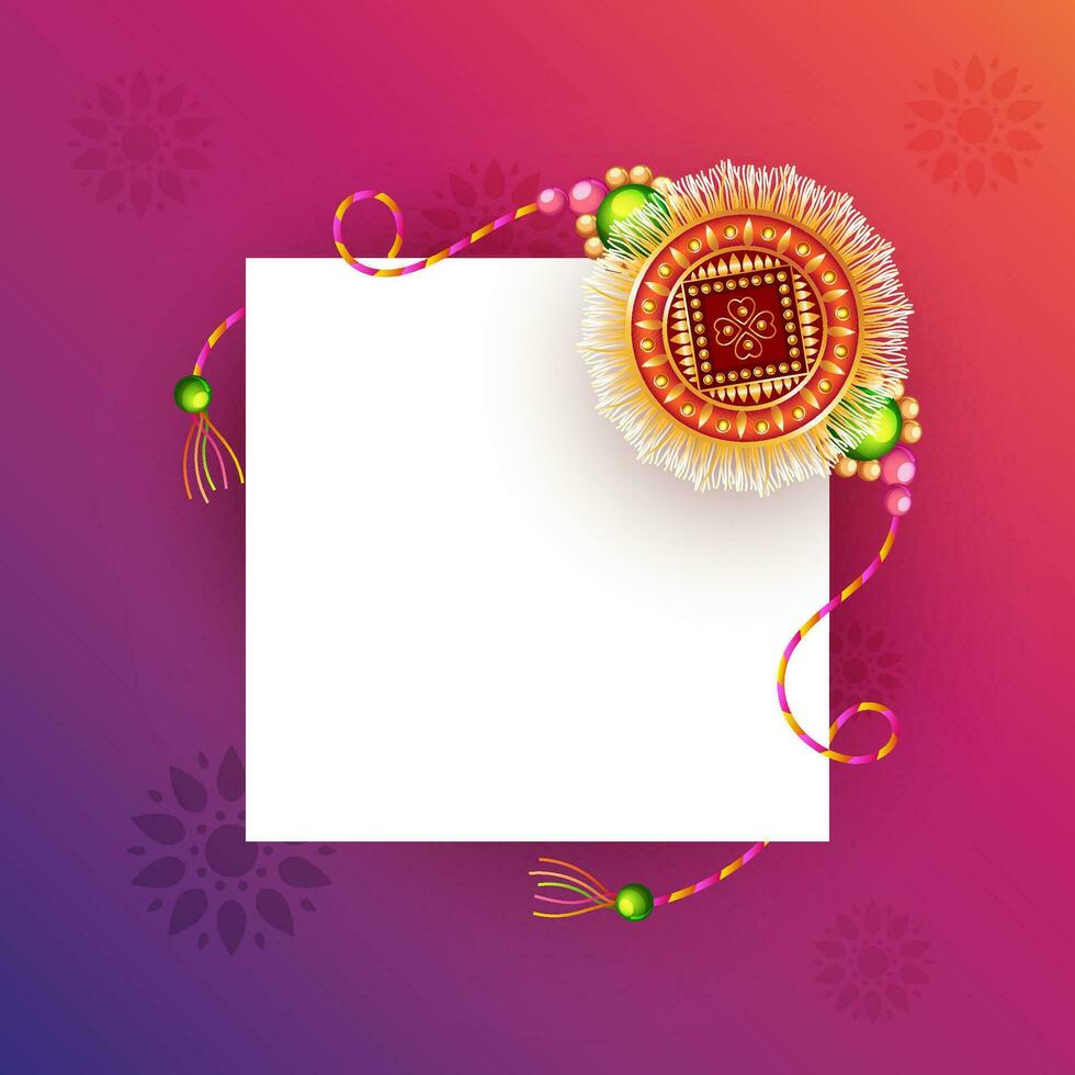 mooi rakhi met blanco wit papier Aan helling achtergrond. Indisch broer en zus festival raksha bandhan concept. vector