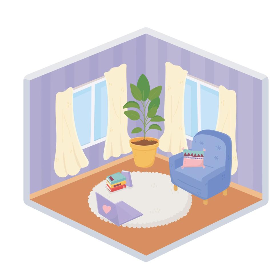 sweet home sofa stoel kussen laptop plant tapijt gordijnen isometrische stijl vector