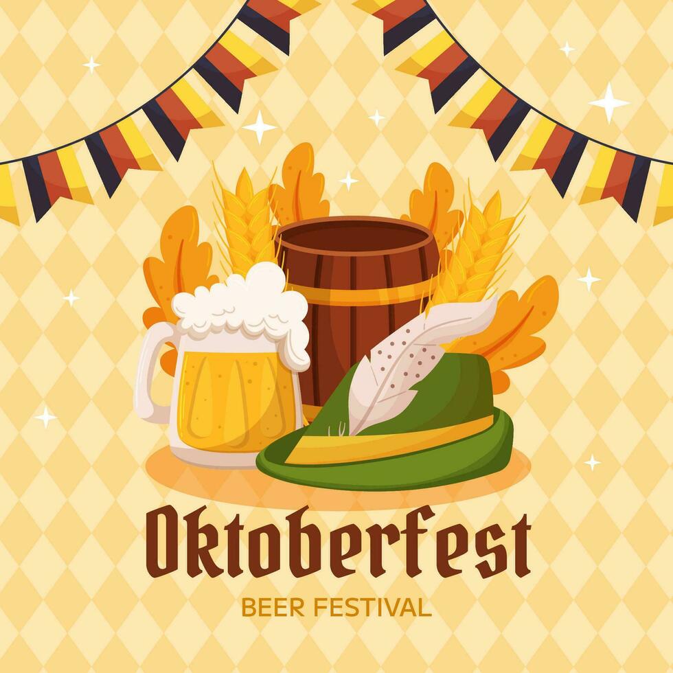 oktoberfeest Duitse bier festival plein sociaal media post sjabloon. ontwerp met hoed, bier mok met schuim, houten loop, Duitsland kleuren feestelijk guirlande, tarwe en bladeren. geel met ruit patroon vector