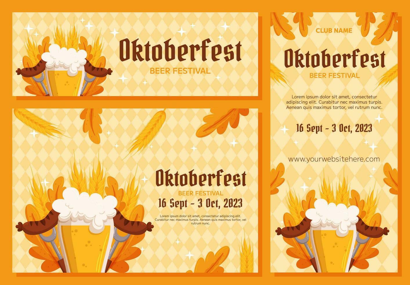 oktoberfeest Duitse bier festival achtergrond, verticaal en horizontaal banier verzameling. ontwerp met glas van bier, vorken met gegrild worst, tarwe en bladeren. licht geel ruit patroon vector