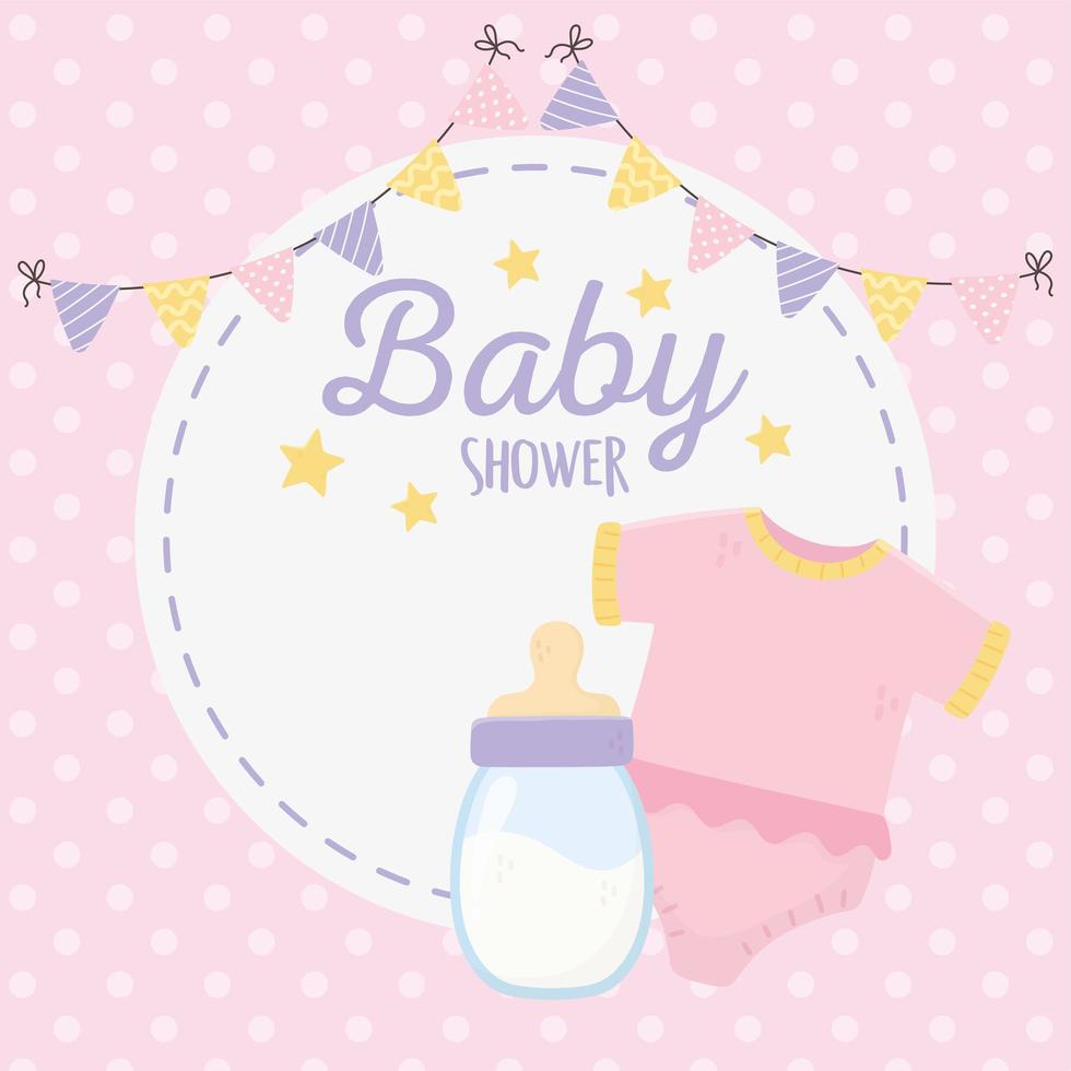 babyshower, roze bodysuit en melkfleswimpels rond label vector