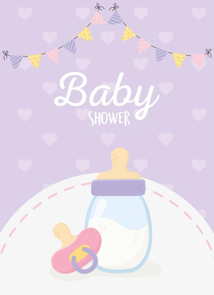 babyshower, melkfles fopspeen wimpels hartjes achtergrond paars vector