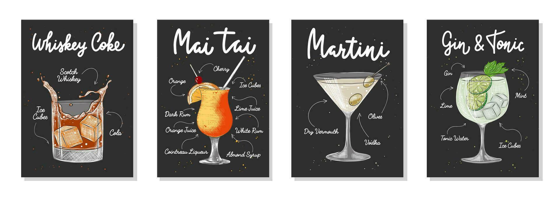 reeks van 4 reclame recept lijsten met alcoholisch drankjes, cocktails en dranken belettering affiches, muur decoratie, afdrukken, menu ontwerp. hand- getrokken typografie met schetsen. handgeschreven kalligrafie. vector