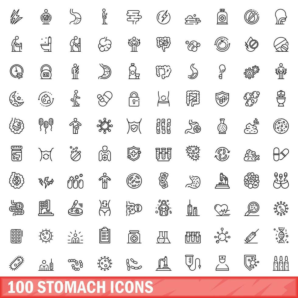 100 maag pictogrammen set, schets stijl vector