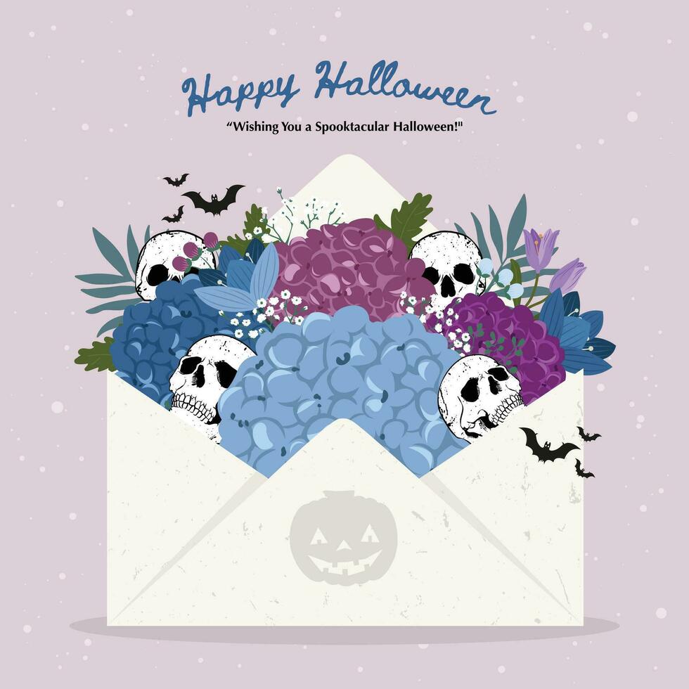 halloween kaart met mooi bloem en schedel in de envelop vector