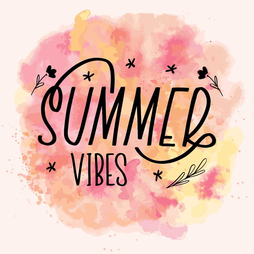 hallo zomer vibes belettering kalligrafie kaart. vector groet illustratie. zwarte tekst met elementen op aquarelachtergrond