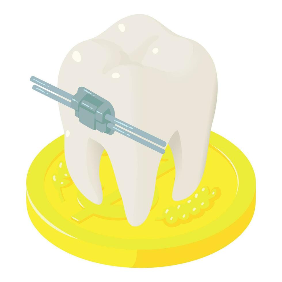 orthodontisch concept icoon isometrische vector. tandheelkundig beugel Aan tand in de buurt goud munt vector