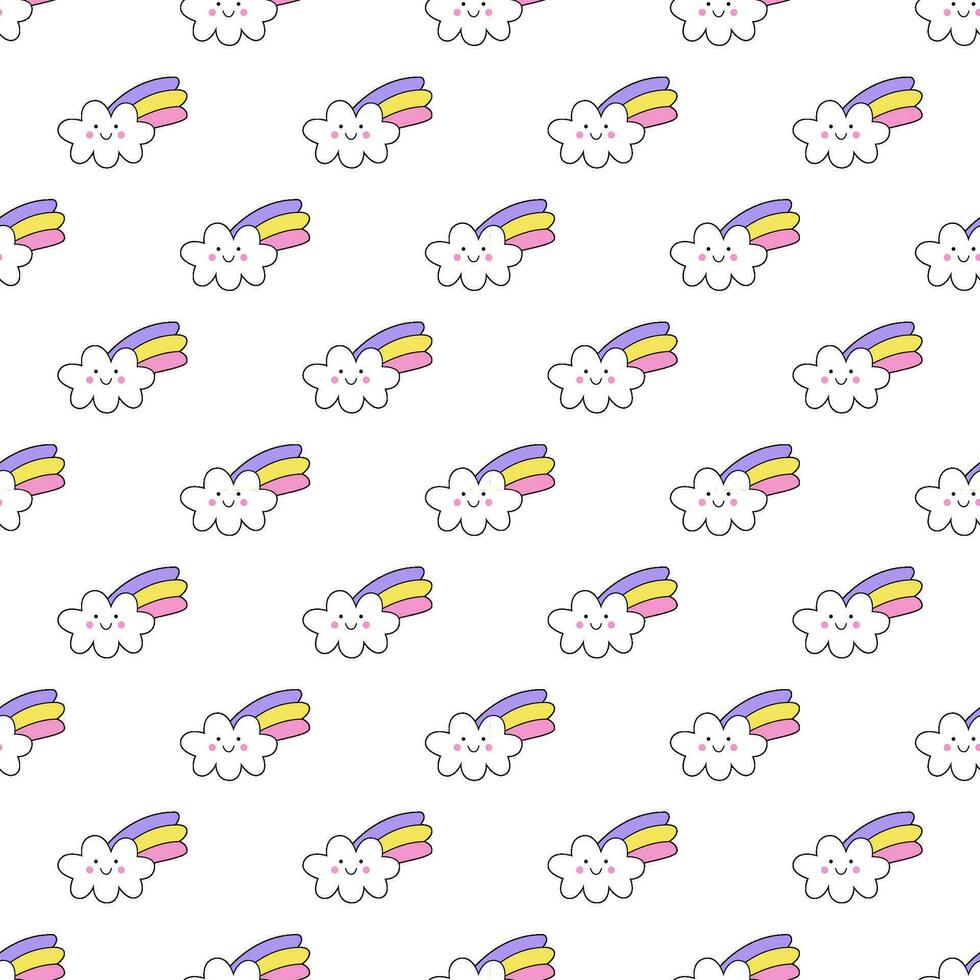 naadloos patroon met schattig tekenfilm regenboog wolken. vector