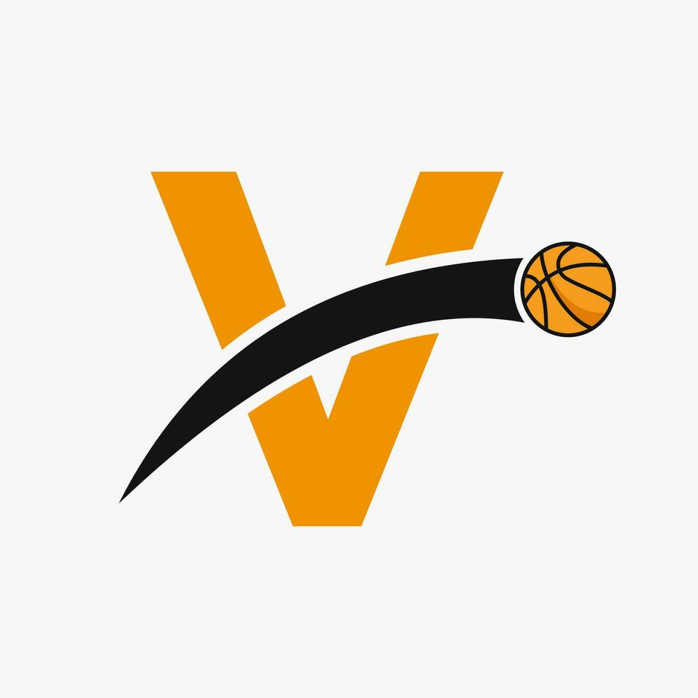 basketbal logo Aan brief v met in beweging basketbal icoon. mand bal logotype symbool vector