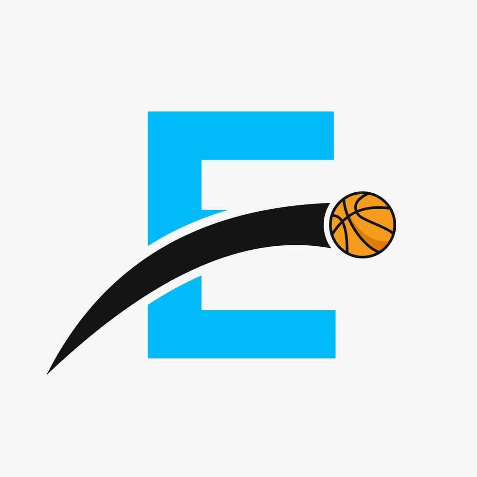 basketbal logo Aan brief e met in beweging basketbal icoon. mand bal logotype symbool vector