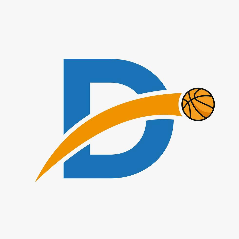 basketbal logo Aan brief d met in beweging basketbal icoon. mand bal logotype symbool vector