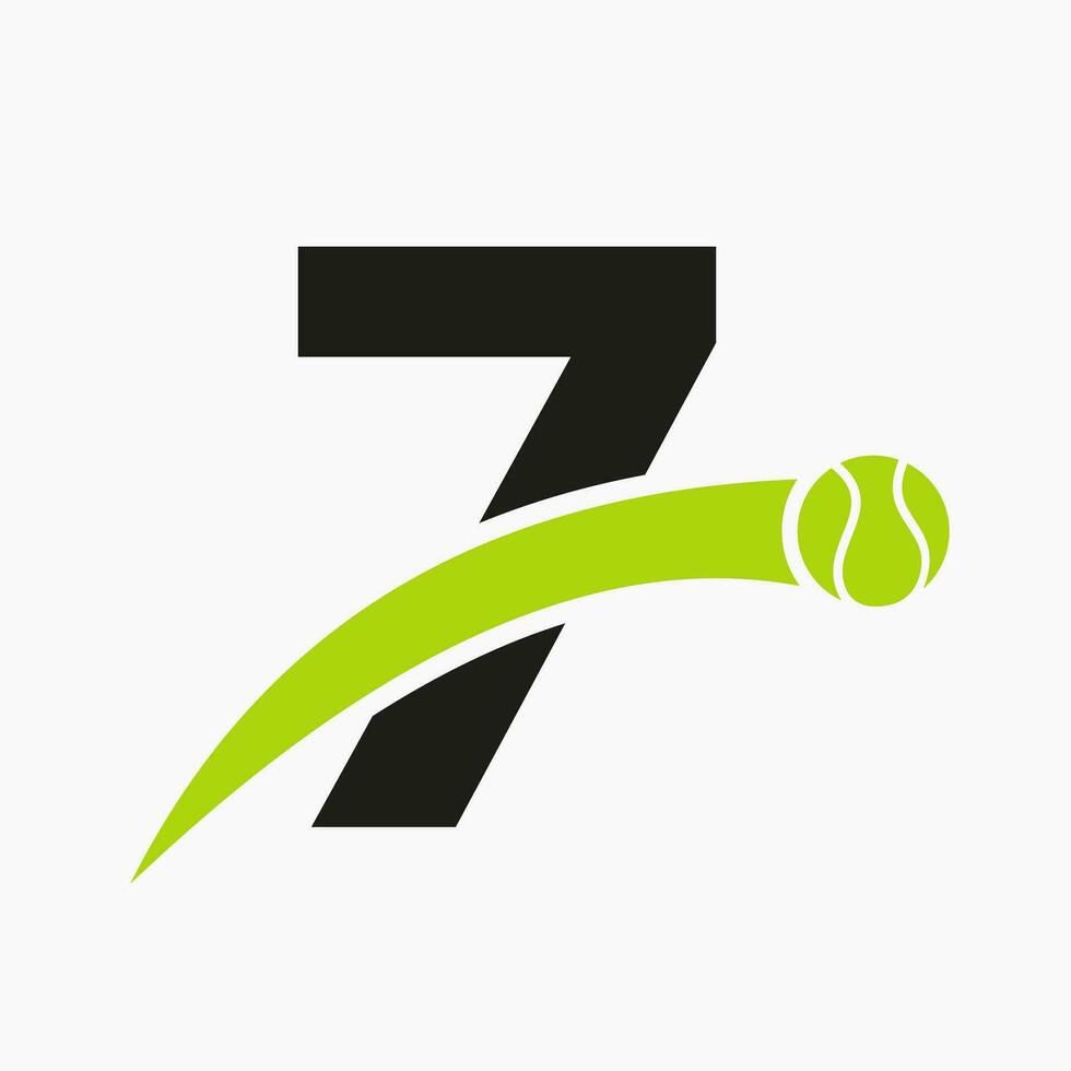 tennis logo Aan brief 7 met in beweging tennis bal icoon. tennis logo sjabloon vector