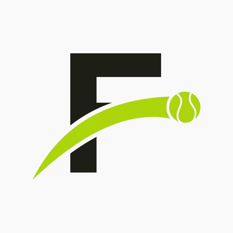 tennis logo Aan brief f met in beweging tennis bal icoon. tennis logo sjabloon vector