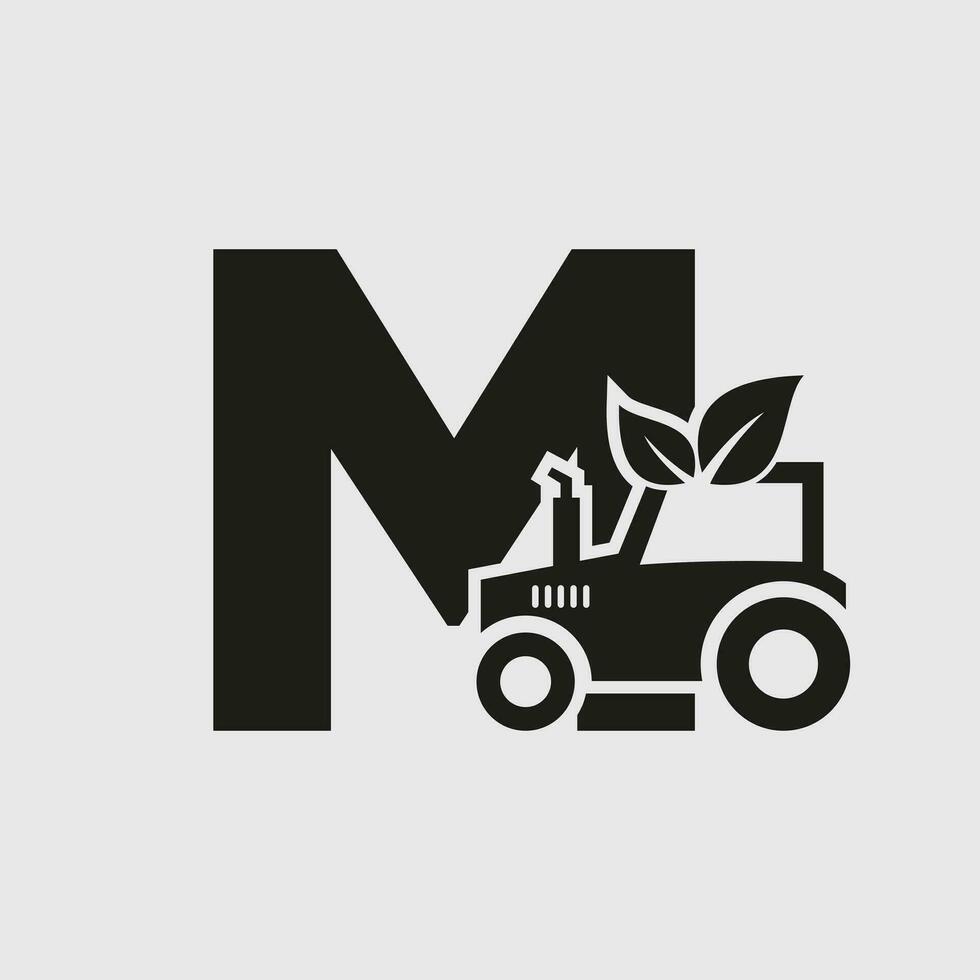 brief m landbouw logo concept met trekker icoon vector sjabloon. eco boerderij symbool