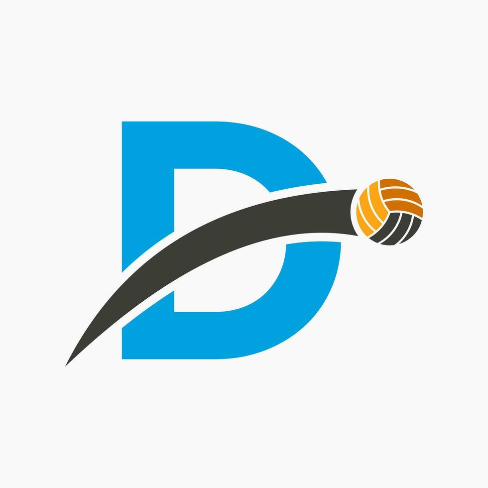 volleybal logo Aan brief d met in beweging volleybal bal icoon. volley bal symbool vector