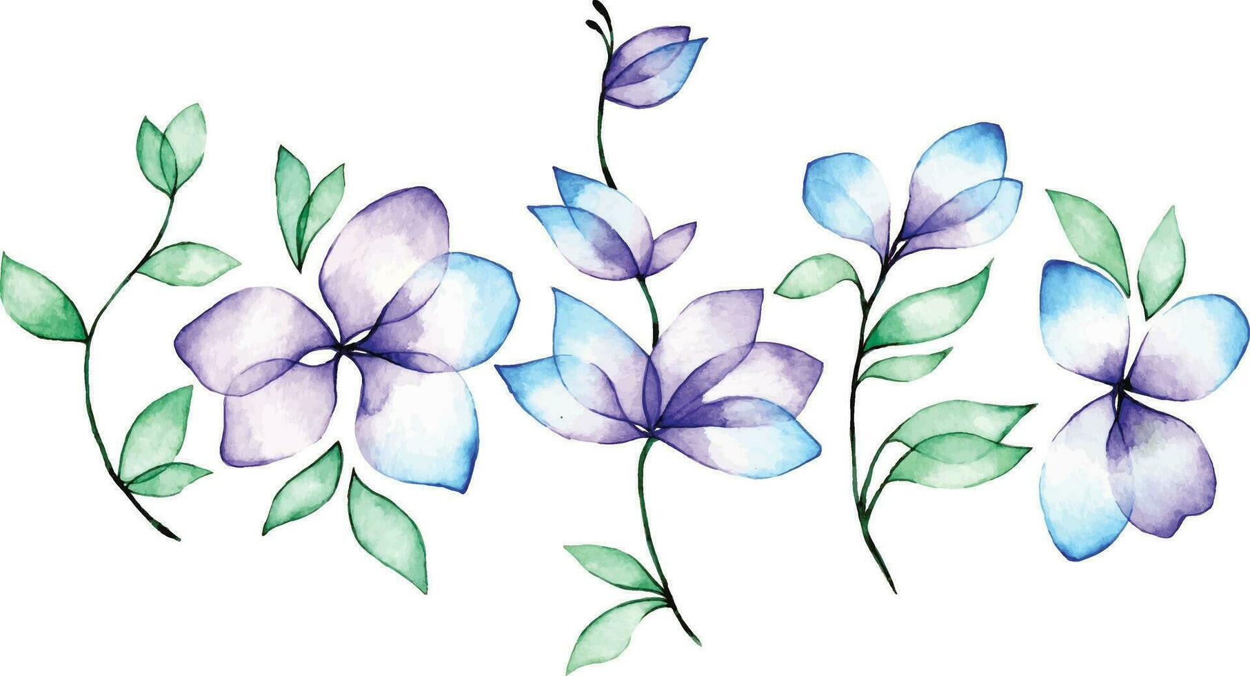 waterverf tekening. reeks van abstract transparant bloemen en bladeren. blauw en Purper bloemen, clip art vector