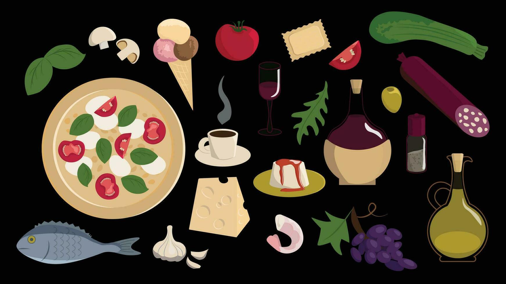 Italiaans of mediterraan voedsel geïsoleerd voorwerpen reeks vector
