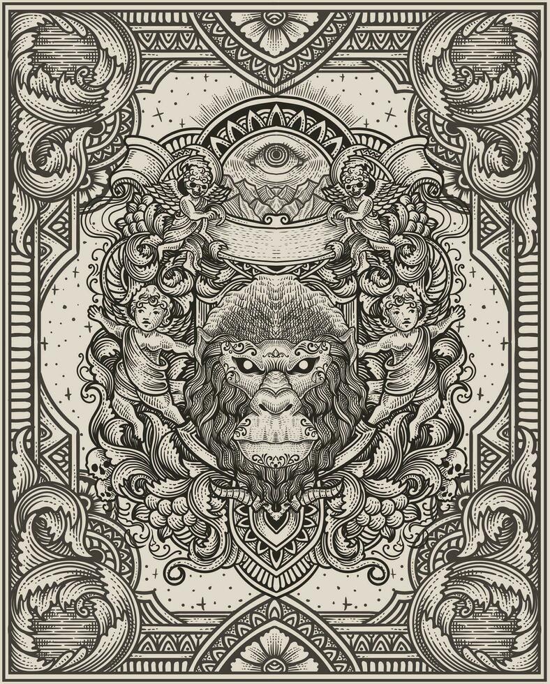 illustratie vector antiek gorilla hoofd met wijnoogst gravure ornament in terug perfect voor uw handelswaar en t overhemd