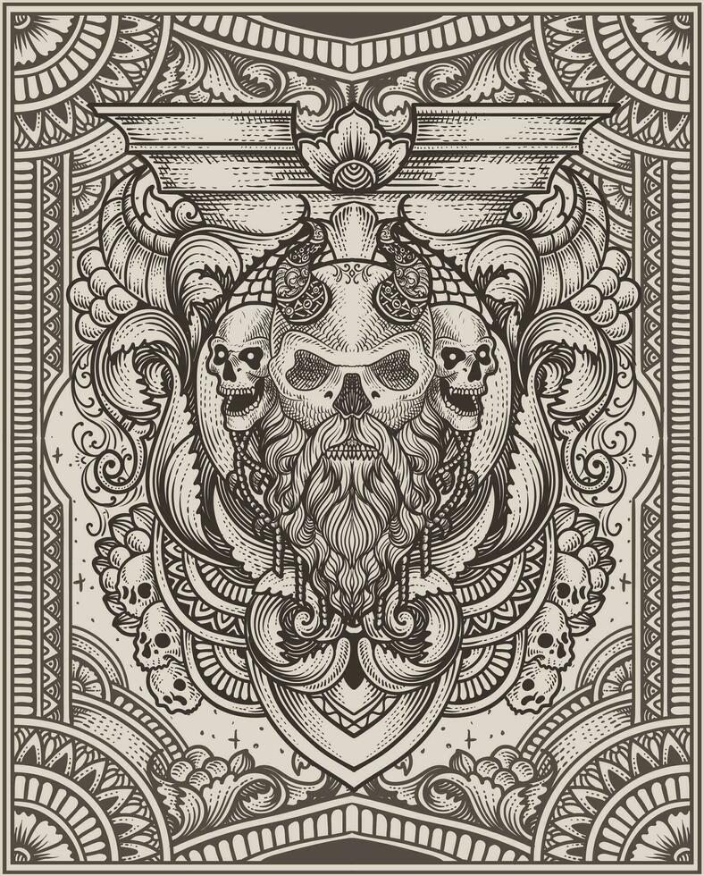 illustratie van viking schedel hoofd met wijnoogst gravure ornament in terug perfect voor uw bedrijf en handelswaar vector