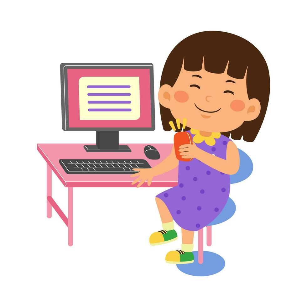 schattig weinig kind meisje gebruik computer vector illustratie