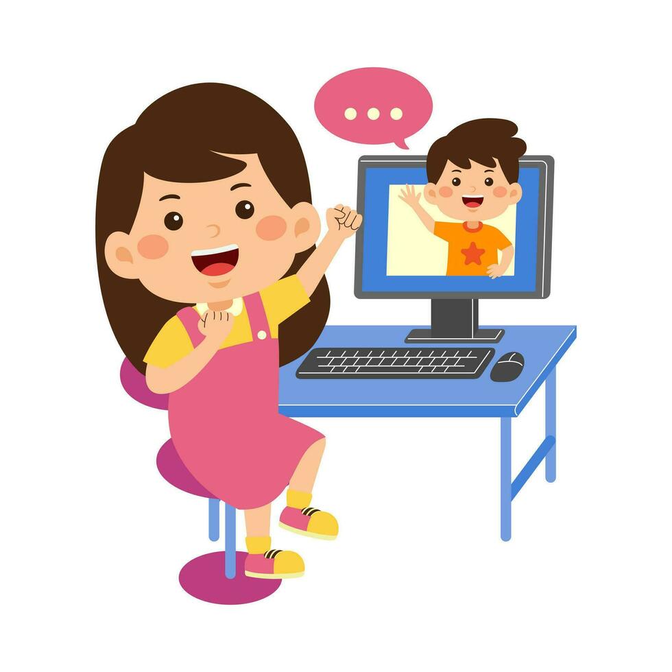 schattig weinig kind meisje gebruik computer vector