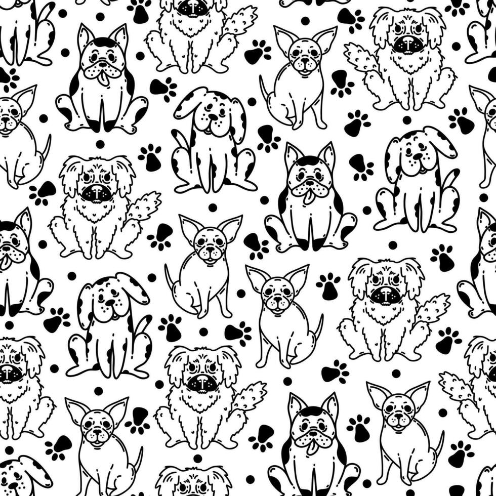 schattig honden naadloos vector patroon. puppy Frans buldog, chihuahua, pekingese met poot afdrukken. stamboom huisdieren. pluizig, gespot, klein dieren. gemakkelijk schetsen. zwart en wit achtergrond voor kleding stof, web