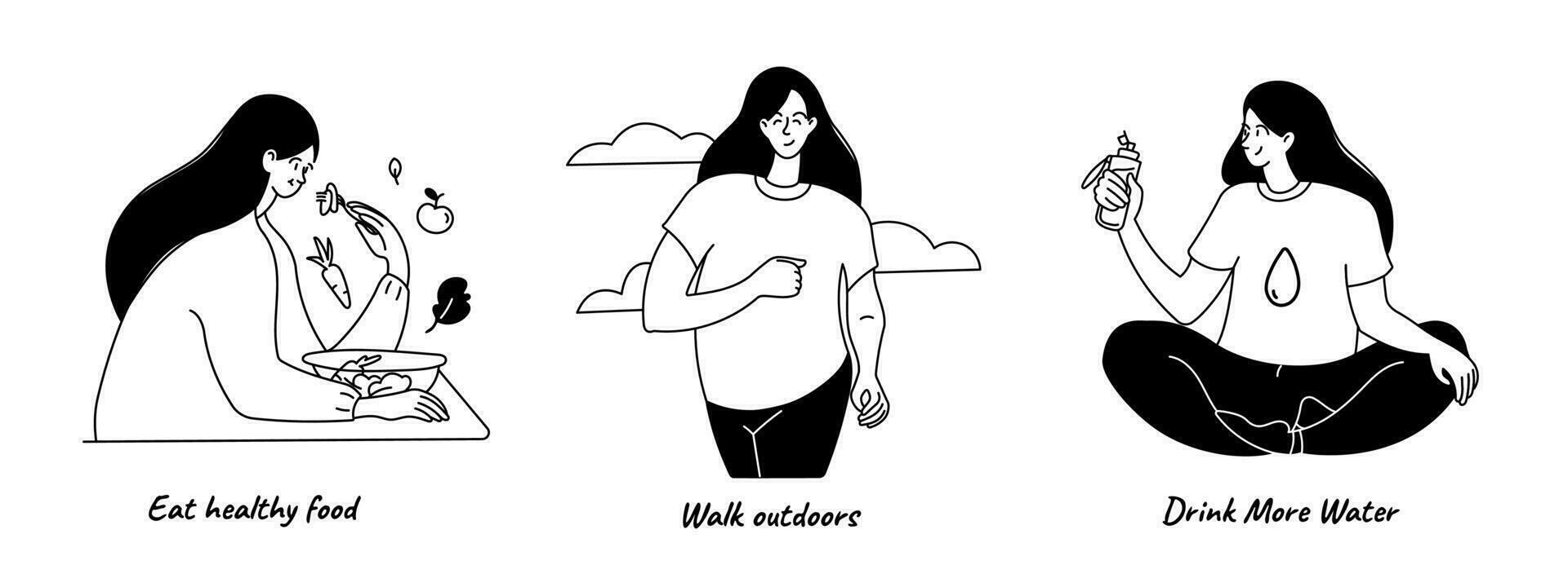 vrouw gezond levensstijl en gewicht controle zwart en wit tekening illustraties set. wandelen, aan het eten gezond voedsel en drinken meer water concept schets vector grafisch verzameling Aan wit achtergrond.