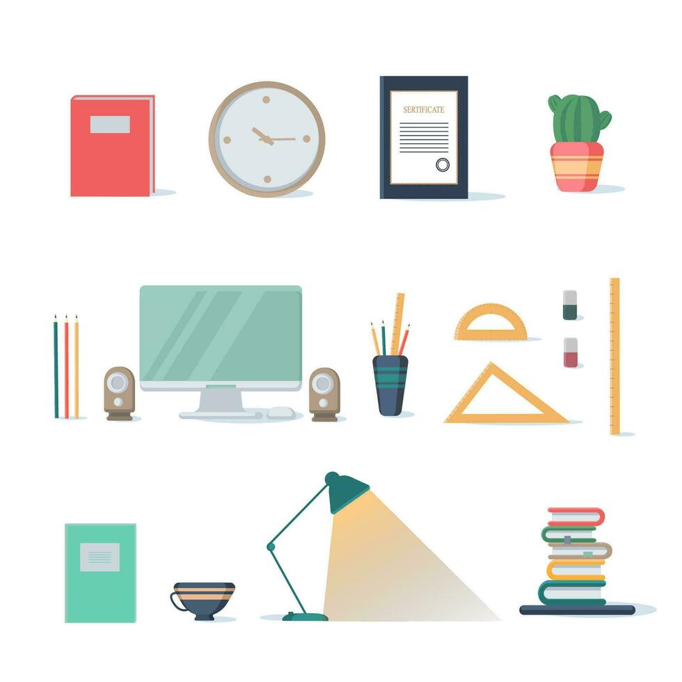 een reeks van werkplaats elementen voor een leerling of freelancer. vector vlak illustratie Aan een wit achtergrond.