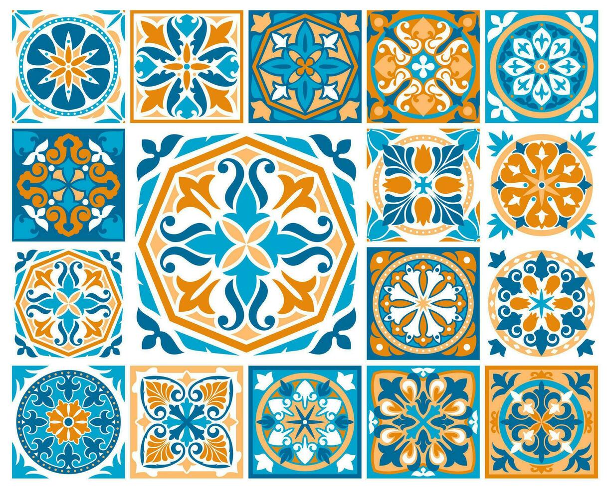 Marokkaans en azulejo tegel patronen, bloemen mozaïek- vector