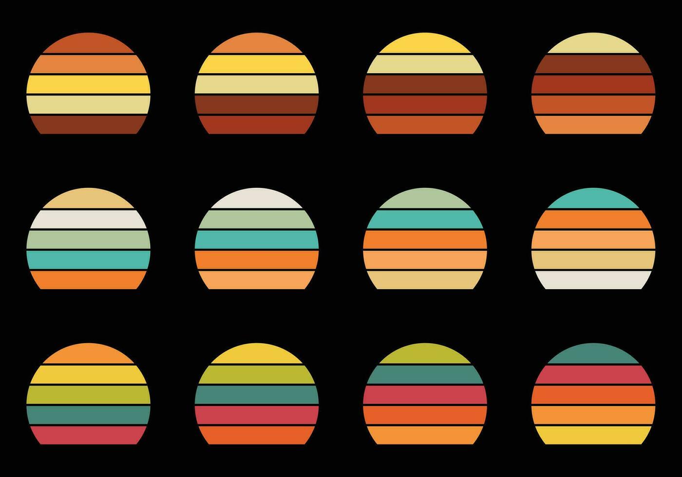 retro wijnoogst zonsondergangen pak zier verschillend kleuren vector