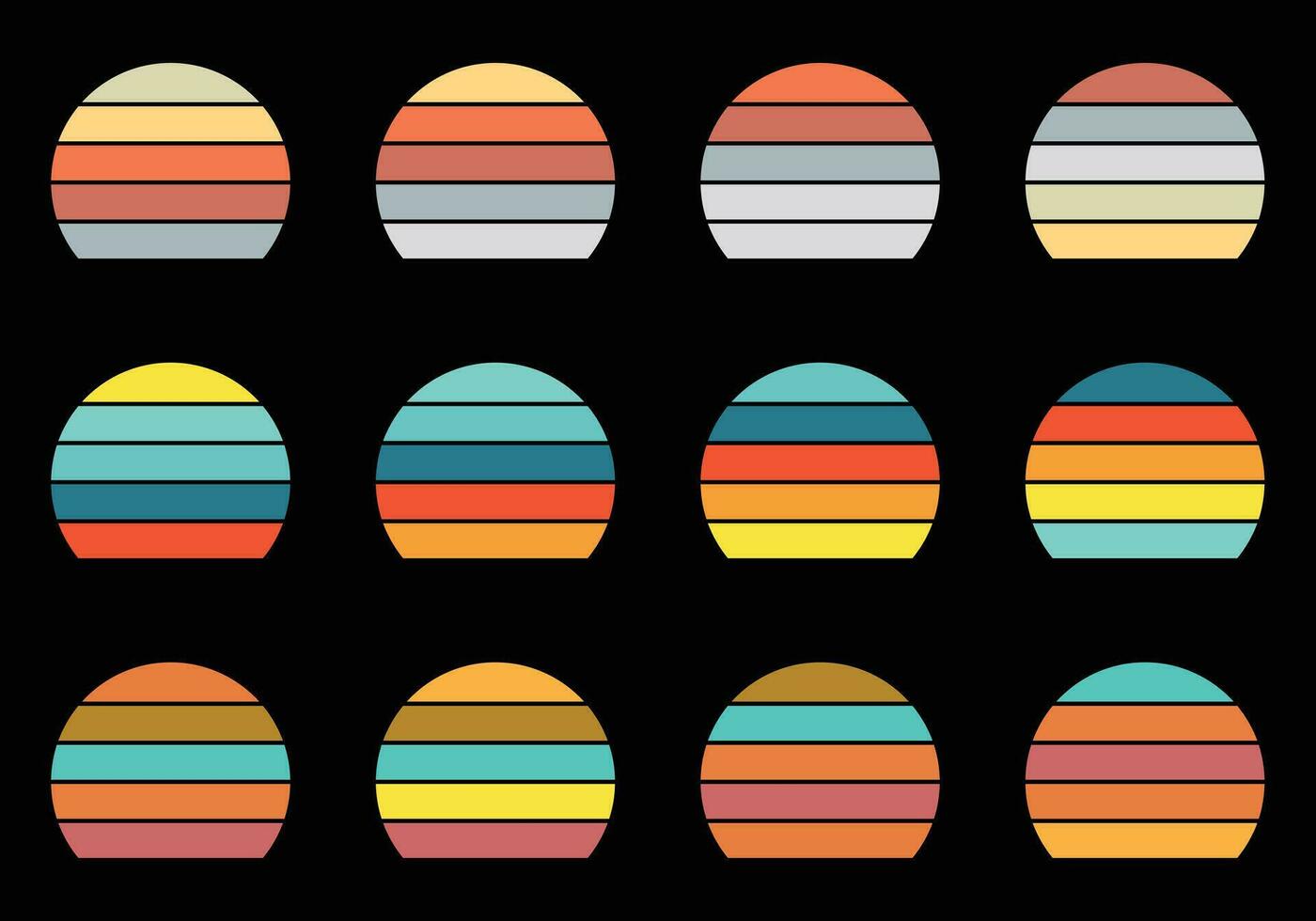 retro wijnoogst zonsondergangen pak zier verschillend kleuren vector