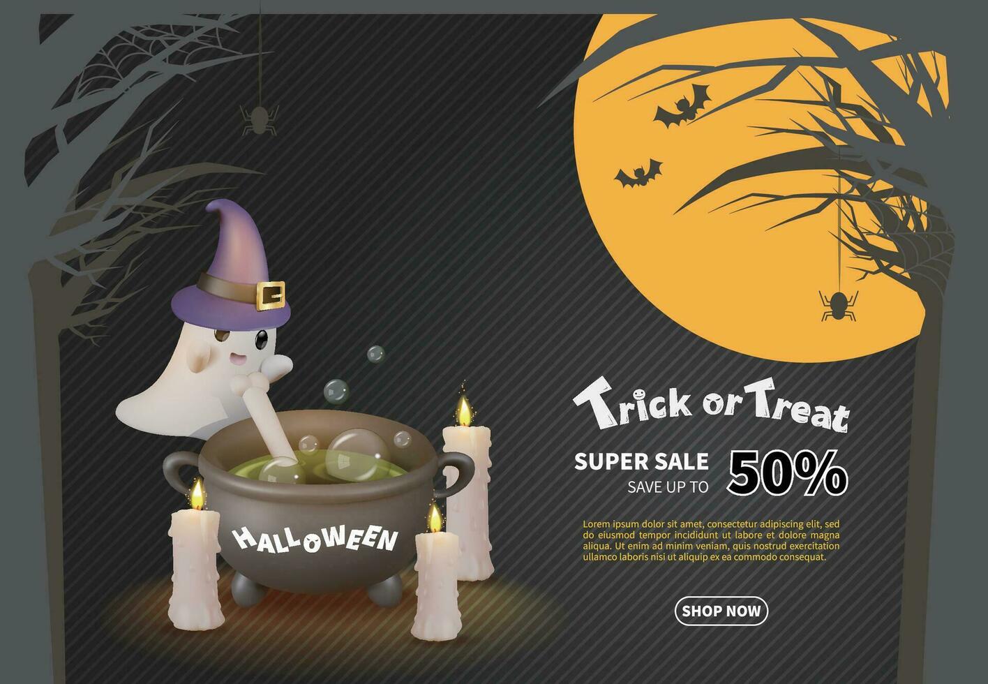 halloween zwart uitverkoop bladzijde met spin webben, geesten, kaarsen, oogbollen en meer in de achtergrond vector