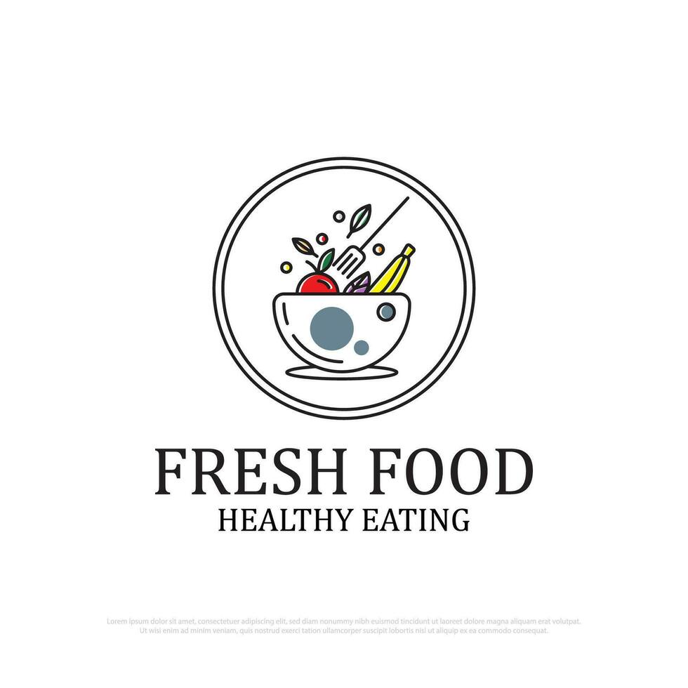 vers voedsel logo insigne vector illustratie, gezond aan het eten met salade in kom vorm geven aan, het beste voor restaurant logo merk