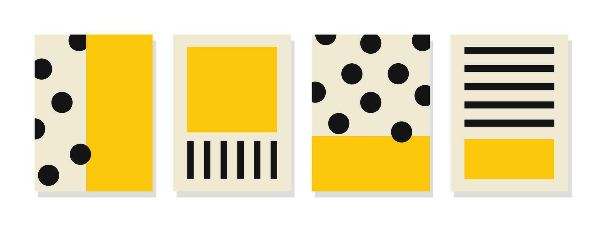 speels arrangement van levendig geel en stoutmoedig zwart vormen en polka dots Aan een ongerept wit backdrop creëert een boeiend zichtbaar samenstelling. vector