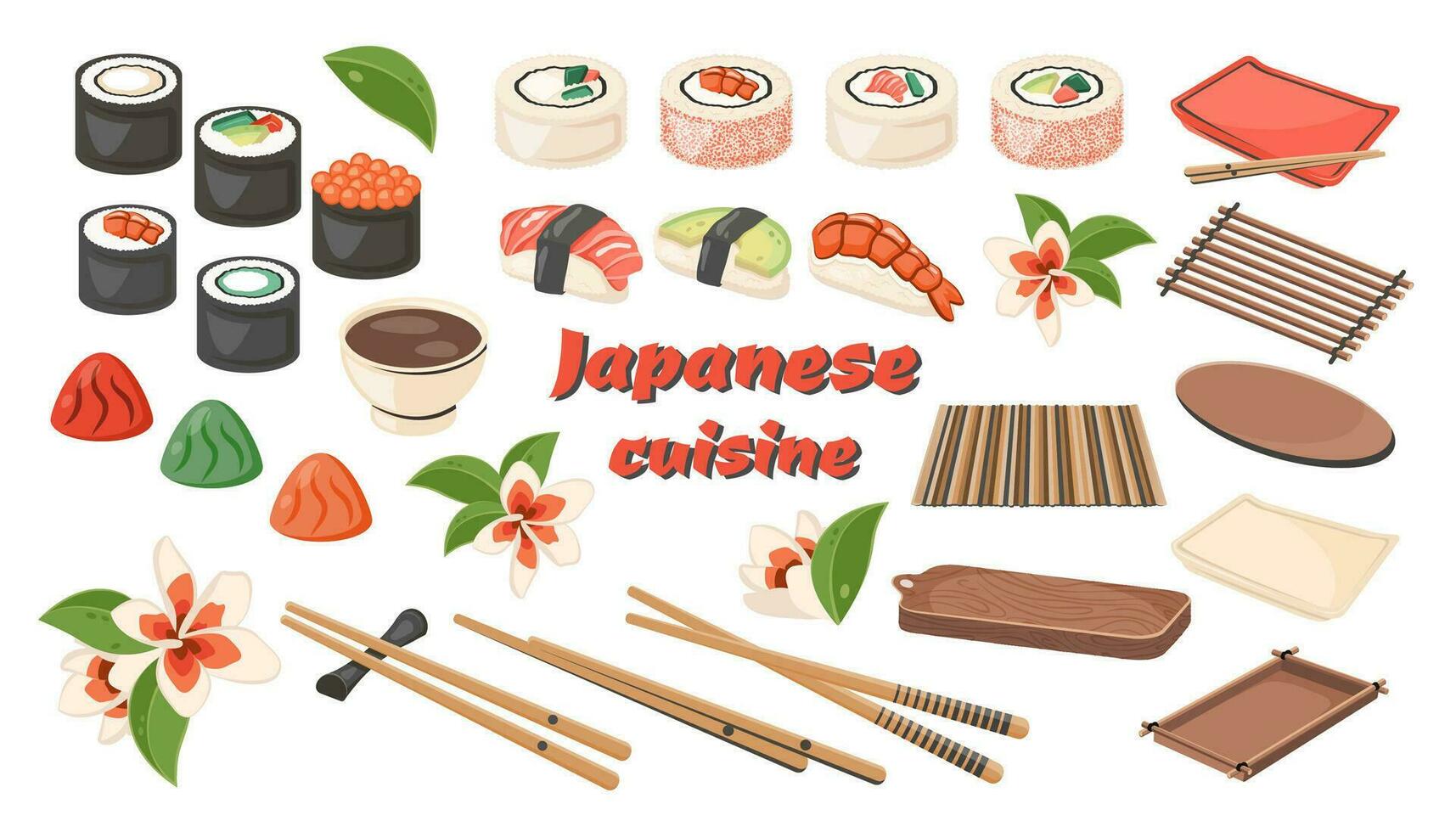 reeks van Aziatisch traditioneel voedsel geïsoleerd. Japans broodjes, sushi maki met vis, garnaal, zeevruchten. nationaal schotel detailopname met eetstokjes, houten dienblad. Koken concept. vector vlak illustratie voor menu