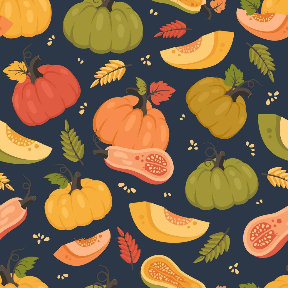 pompoen naadloos patroon. herfst achtergrond met geheel pompoen en voor de helft, bladeren, zaden.dankzegging dag. seizoensgebonden oogst. vector illustratie voor achtergronden, textiel, notitieboekjes, omhulsel papier, afdrukken