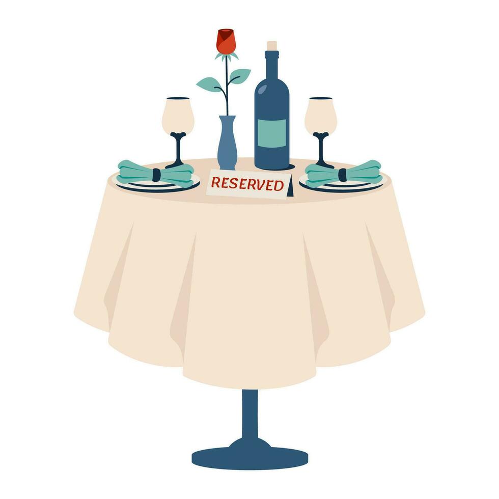 mooi romantisch diner. romantisch instelling. restaurant reservering. tafel voor twee met wit tafelkleed, bestek, bril, fles van wijn, roos, kaarsen, servetten. vector tekenfilm illustratie geïsoleerd